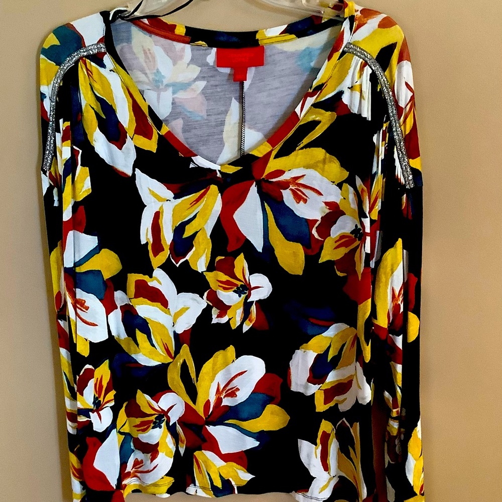 Jennifer Lopez long sleeved v neck print top size L with silver trim down sleeve